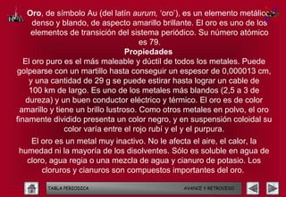 Oro, de símbolo Au (del latín aurum, ‘oro’), es un elemento metálico,
      denso y blando, de aspecto amarillo brillante. El oro es uno de los
     elementos de transición del sistema periódico. Su número atómico
                                       es 79.
                                   Propiedades
   El oro puro es el más maleable y dúctil de todos los metales. Puede
golpearse con un martillo hasta conseguir un espesor de 0,000013 cm,
     y una cantidad de 29 g se puede estirar hasta lograr un cable de
     100 km de largo. Es uno de los metales más blandos (2,5 a 3 de
    dureza) y un buen conductor eléctrico y térmico. El oro es de color
  amarillo y tiene un brillo lustroso. Como otros metales en polvo, el oro
finamente dividido presenta un color negro, y en suspensión coloidal su
                color varía entre el rojo rubí y el y el purpura.
   El oro es un metal muy inactivo. No le afecta el aire, el calor, la
humedad ni la mayoría de los disolventes. Sólo es soluble en agua de
  cloro, agua regia o una mezcla de agua y cianuro de potasio. Los
      cloruros y cianuros son compuestos importantes del oro.

         TABLA PERIODICA                        AVANCE Y RETROCESO
 