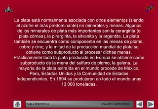 La plata está normalmente asociada con otros elementos (siendo
 el azufre el más predominante) en minerales y menas. Algunos
  de los minerales de plata más importantes son la cerargirita (o
   plata córnea), la pirargirita, la silvanita y la argentita. La plata
también se encuentra como componente en las menas de plomo,
   cobre y cinc, y la mitad de la producción mundial de plata se
       obtiene como subproducto al procesar dichas menas.
Prácticamente toda la plata producida en Europa se obtiene como
    subproducto de la mena del sulfuro de plomo, la galena. La
  mayoría de la plata extraída en el mundo procede de México,
         Perú, Estados Unidos y la Comunidad de Estados
 Independientes. En 1994 se produjeron en todo el mundo unas
                          13.000 toneladas.



      TABLA PERIODICA                          AVANCE Y RETROCESO
 