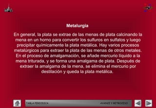 Metalurgia

En general, la plata se extrae de las menas de plata calcinando la
 mena en un horno para convertir los sulfuros en sulfatos y luego
 precipitar químicamente la plata metálica. Hay varios procesos
metalúrgicos para extraer la plata de las menas de otros metales.
 En el proceso de amalgamación, se añade mercurio líquido a la
 mena triturada, y se forma una amalgama de plata. Después de
   extraer la amalgama de la mena, se elimina el mercurio por
               destilación y queda la plata metálica.




      TABLA PERIODICA                       AVANCE Y RETROCESO
 
