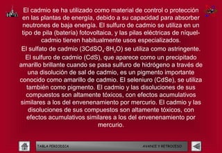 El cadmio se ha utilizado como material de control o protección
 en las plantas de energía, debido a su capacidad para absorber
 neutrones de baja energía. El sulfuro de cadmio se utiliza en un
 tipo de pila (batería) fotovoltaica, y las pilas eléctricas de níquel-
         cadmio tienen habitualmente usos especializados.
 El sulfato de cadmio (3CdSO4·8H2O) se utiliza como astringente.
   El sulfuro de cadmio (CdS), que aparece como un precipitado
amarillo brillante cuando se pasa sulfuro de hidrógeno a través de
    una disolución de sal de cadmio, es un pigmento importante
conocido como amarillo de cadmio. El seleniuro (CdSe), se utiliza
   también como pigmento. El cadmio y las disoluciones de sus
   compuestos son altamente tóxicos, con efectos acumulativos
similares a los del envenenamiento por mercurio. El cadmio y las
    disoluciones de sus compuestos son altamente tóxicos, con
   efectos acumulativos similares a los del envenenamiento por
                               mercurio.


      TABLA PERIODICA                          AVANCE Y RETROCESO
 