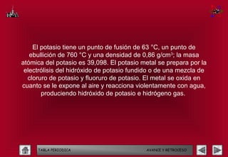 El potasio tiene un punto de fusión de 63 °C, un punto de
   ebullición de 760 °C y una densidad de 0,86 g/cm3; la masa
atómica del potasio es 39,098. El potasio metal se prepara por la
 electrólisis del hidróxido de potasio fundido o de una mezcla de
  cloruro de potasio y fluoruro de potasio. El metal se oxida en
cuanto se le expone al aire y reacciona violentamente con agua,
       produciendo hidróxido de potasio e hidrógeno gas.




     TABLA PERIODICA                       AVANCE Y RETROCESO
 