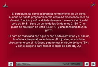 El boro puro, tal como se prepara normalmente, es un polvo,
aunque se puede preparar la forma cristalina disolviendo boro en
aluminio fundido y enfriándolo lentamente. La masa atómica del
  boro es 10,81; tiene un punto de fusión de unos 2.180 °C, un
 punto de ebullición de unos 3.650 °C, y una densidad de 2,35
                             g/cm3.

El boro no reacciona con agua ni con ácido clorhídrico y el aire no
    le afecta a temperatura ambiente. Al rojo vivo, se combina
directamente con el nitrógeno para formar el nitruro de boro (BN),
      y con el oxígeno para formar el óxido de boro (B2 O3).




      TABLA PERIODICA                        AVANCE Y RETROCESO
 
