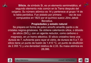 Silicio, de símbolo Si, es un elemento semimetálico, el
         segundo elemento más común en la Tierra después del
     oxígeno. Su número atómico es 14 y pertenece al grupo 14 de
      la tabla periódica. Fue aislado por primera         vez de sus
          compuestos en 1823 por el químico sueco Jöns Jakob
                                 Berzelius.
                         Propiedades y estado natural
      Se prepara en forma de polvo amorfo amarillo pardo o de
cristales negros-grisáceos. Se obtiene calentando sílice, o dióxido
      de silicio (SiO2), con un agente reductor, como carbono o
    magnesio, en un horno eléctrico. El silicio cristalino tiene una
dureza de 7, suficiente para rayar el vidrio, de dureza de 5 a 7. El
silicio tiene un punto de fusión de 1.410 °C, un punto de ebullición
de 2.355 °C y una densidad relativa de 2,33. Su masa atómica es
                                 28,086.



      TABLA PERIODICA                        AVANCE Y RETROCESO
 