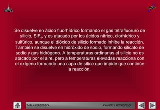 Se disuelve en ácido fluorhídrico formando el gas tetrafluoruro de
   silicio, SiF4, y es atacado por los ácidos nítrico, clorhídrico y
sulfúrico, aunque el dióxido de silicio formado inhibe la reacción.
También se disuelve en hidróxido de sodio, formando silicato de
sodio y gas hidrógeno. A temperaturas ordinarias el silicio no es
atacado por el aire, pero a temperaturas elevadas reacciona con
el oxígeno formando una capa de sílice que impide que continúe
                             la reacción.




      TABLA PERIODICA                        AVANCE Y RETROCESO
 