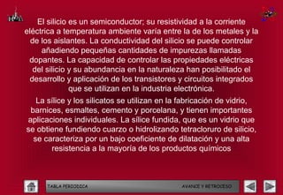 El silicio es un semiconductor; su resistividad a la corriente
eléctrica a temperatura ambiente varía entre la de los metales y la
  de los aislantes. La conductividad del silicio se puede controlar
     añadiendo pequeñas cantidades de impurezas llamadas
 dopantes. La capacidad de controlar las propiedades eléctricas
  del silicio y su abundancia en la naturaleza han posibilitado el
 desarrollo y aplicación de los transistores y circuitos integrados
               que se utilizan en la industria electrónica.
   La sílice y los silicatos se utilizan en la fabricación de vidrio,
 barnices, esmaltes, cemento y porcelana, y tienen importantes
aplicaciones individuales. La sílice fundida, que es un vidrio que
se obtiene fundiendo cuarzo o hidrolizando tetracloruro de silicio,
  se caracteriza por un bajo coeficiente de dilatación y una alta
       resistencia a la mayoría de los productos químicos



      TABLA PERIODICA                         AVANCE Y RETROCESO
 