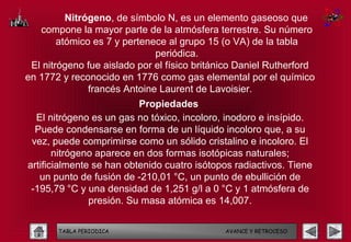Nitrógeno, de símbolo N, es un elemento gaseoso que
   compone la mayor parte de la atmósfera terrestre. Su número
        atómico es 7 y pertenece al grupo 15 (o VA) de la tabla
                              periódica.
 El nitrógeno fue aislado por el físico británico Daniel Rutherford
en 1772 y reconocido en 1776 como gas elemental por el químico
               francés Antoine Laurent de Lavoisier.
                          Propiedades
  El nitrógeno es un gas no tóxico, incoloro, inodoro e insípido.
  Puede condensarse en forma de un líquido incoloro que, a su
 vez, puede comprimirse como un sólido cristalino e incoloro. El
       nitrógeno aparece en dos formas isotópicas naturales;
artificialmente se han obtenido cuatro isótopos radiactivos. Tiene
   un punto de fusión de -210,01 °C, un punto de ebullición de
 -195,79 °C y una densidad de 1,251 g/l a 0 °C y 1 atmósfera de
               presión. Su masa atómica es 14,007.

       TABLA PERIODICA                        AVANCE Y RETROCESO
 