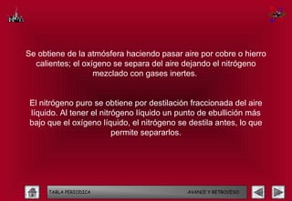 Se obtiene de la atmósfera haciendo pasar aire por cobre o hierro
  calientes; el oxígeno se separa del aire dejando el nitrógeno
                   mezclado con gases inertes.


 El nitrógeno puro se obtiene por destilación fraccionada del aire
 líquido. Al tener el nitrógeno líquido un punto de ebullición más
 bajo que el oxígeno líquido, el nitrógeno se destila antes, lo que
                          permite separarlos.




      TABLA PERIODICA                        AVANCE Y RETROCESO
 