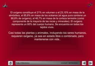 El oxígeno constituye el 21% en volumen o el 23,15% en masa de la
atmósfera, el 85,8% en masa de los océanos (el agua pura contiene un
  88,8% de oxígeno), el 46,7% en masa de la corteza terrestre (como
   componente de la mayoría de las rocas y minerales). El oxígeno
  representa un 60% del cuerpo humano. Se encuentra en todos los
                            tejidos vivos.

Casi todas las plantas y animales, incluyendo los seres humanos,
  requieren oxígeno, ya sea en estado libre o combinado, para
                      mantenerse con vida..




      TABLA PERIODICA                        AVANCE Y RETROCESO
 