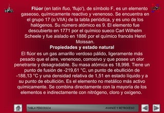 Flúor (en latín fluo, 'flujo'), de símbolo F, es un elemento
    gaseoso, químicamente reactivo y venenoso. Se encuentra en
       el grupo 17 (o VIIA) de la tabla periódica, y es uno de los
          halógenos. Su número atómico es 9. El elemento fue
        descubierto en 1771 por el químico sueco Carl Wilhelm
      Scheele y fue aislado en 1886 por el químico francés Henri
                                   Moissan.
                   Propiedades y estado natural
    El flúor es un gas amarillo verdoso pálido, ligeramente más
    pesado que el aire, venenoso, corrosivo y que posee un olor
penetrante y desagradable. Su masa atómica es 18,998. Tiene un
      punto de fusión de -219,61 °C, un punto de ebullición de
 -188,13 °C y una densidad relativa de 1,51 en estado líquido y a
   su punto de ebullición. Es el elemento no metálico más activo
  químicamente. Se combina directamente con la mayoría de los
    elementos e indirectamente con nitrógeno, cloro y oxígeno.


      TABLA PERIODICA                          AVANCE Y RETROCESO
 