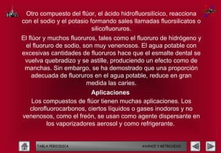 Otro compuesto del flúor, el ácido hidrofluorsilícico, reacciona
con el sodio y el potasio formando sales llamadas fluorsilicatos o
                           silicofluoruros.
El flúor y muchos fluoruros, tales como el fluoruro de hidrógeno y
 el fluoruro de sodio, son muy venenosos. El agua potable con
excesivas cantidades de fluoruros hace que el esmalte dental se
 vuelva quebradizo y se astille, produciendo un efecto como de
 manchas. Sin embargo, se ha demostrado que una proporción
     adecuada de fluoruros en el agua potable, reduce en gran
                        medida las caries.
                         Aplicaciones
   Los compuestos de flúor tienen muchas aplicaciones. Los
  clorofluorocarbonos, ciertos líquidos o gases inodoros y no
venenosos, como el freón, se usan como agente dispersante en
         los vaporizadores aerosol y como refrigerante.


     TABLA PERIODICA                        AVANCE Y RETROCESO
 