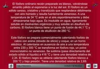 El fósforo ordinario recién preparado es blanco, volviéndose
    amarillo pálido al exponerse a la luz del sol. El fósforo es un
sólido ceroso, cristalino y translúcido que resplandece débilmente
      con aire húmedo y resulta fuertemente venenoso. A una
  temperatura de 34 °C arde en el aire espontáneamente y debe
    almacenarse bajo agua. Es insoluble en agua, ligeramente
  soluble en disolventes orgánicos y muy soluble en disulfuro de
 carbono. El fósforo blanco tiene un punto de fusión de 44,1 °C y
                  un punto de ebullición de 280 °C.

 Este fósforo se prepara comercialmente calentando fosfato de
     calcio con arena (dióxido de silicio) y coque, en un horno
  eléctrico. Al calentarse en ausencia de aire a una temperatura
    entre 230 y 300 °C se transforma en fósforo rojo, un polvo
 microcristalino no venenoso. Se sublima (pasa directamente del
estado sólido al líquido) a 416 °C y tiene una densidad relativa de
  2,34. El fósforo negro se obtiene calentando fósforo blanco a
   200 °C y bajo presión. Tiene una densidad relativa de 2,69.
      TABLA PERIODICA                        AVANCE Y RETROCESO
 