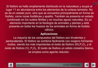 El fósforo se halla ampliamente distribuido en la naturaleza y ocupa el
 lugar 11 en abundancia entre los elementos de la corteza terrestre. No
se da en estado puro, sino que se encuentra principalmente en forma de
fosfato, como rocas fosfáticas y apatito. También se presenta en estado
  combinado en los suelos fértiles y en muchas aguas naturales. Es un
     elemento importante en la fisiología de animales y plantas y está
    presente en todos los huesos de los animales en forma de fosfato
                                  cálcico.
                              Aplicaciones
       La mayoría de los compuestos del fósforo son trivalentes y
 pentavalentes. El fósforo se combina fácilmente con oxígeno formando
  óxidos, siendo los más importantes el óxido de fósforo (III),P2O3, y el
óxido de fósforo (V), P2O5. El óxido de fósforo un sólido cristalino blanco,
                    se emplea como agente reductor.



         TABLA PERIODICA                         AVANCE Y RETROCESO
 