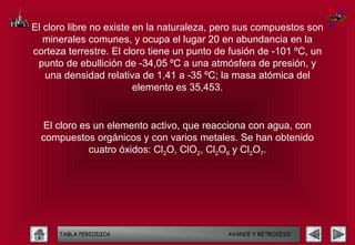 El cloro libre no existe en la naturaleza, pero sus compuestos son
   minerales comunes, y ocupa el lugar 20 en abundancia en la
corteza terrestre. El cloro tiene un punto de fusión de -101 ºC, un
 punto de ebullición de -34,05 ºC a una atmósfera de presión, y
   una densidad relativa de 1,41 a -35 ºC; la masa atómica del
                         elemento es 35,453.


   El cloro es un elemento activo, que reacciona con agua, con
  compuestos orgánicos y con varios metales. Se han obtenido
              cuatro óxidos: Cl2O, ClO2, Cl2O6 y Cl2O7.




      TABLA PERIODICA                        AVANCE Y RETROCESO
 