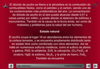 El dióxido de azufre se libera a la atmósfera en la combustión de
combustibles fósiles, como el petróleo y el carbón, siendo uno de
 los contaminantes más problemáticos del aire. La concentración
   de dióxido de azufre en el aire puede alcanzar desde 0,01 a
varias partes por millón, y puede afectar al deterioro de edificios y
monumentos. También es la causa de la lluvia ácida, así como de
       molestias y problemas para la salud del ser humano.

                          Estado natural

El azufre ocupa el lugar 16 en abundancia entre los elementos de
la corteza terrestre, y se encuentra ampliamente distribuido tanto
   en estado libre como combinado con otros elementos. Así se
halla en numerosos sulfuros metálicos, como el sulfuro de plomo
   o galena, PbS; la esfalerita, ZnS; la calcopirita, (Cu,Fe)S2; el
    cinabrio, HgS; la estibina, Sb2S3, y la pirita de hierro, FeS2.
                       También se encuentra

      TABLA PERIODICA                         AVANCE Y RETROCESO
 