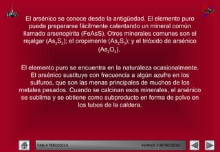 El arsénico se conoce desde la antigüedad. El elemento puro
    puede prepararse fácilmente calentando un mineral común
 llamado arsenopirita (FeAsS). Otros minerales comunes son el
 rejalgar (As2S2); el oropimente (As2S3); y el trióxido de arsénico
                             (As2O3).

El elemento puro se encuentra en la naturaleza ocasionalmente.
    El arsénico sustituye con frecuencia a algún azufre en los
    sulfuros, que son las menas principales de muchos de los
metales pesados. Cuando se calcinan esos minerales, el arsénico
se sublima y se obtiene como subproducto en forma de polvo en
                      los tubos de la caldera.




      TABLA PERIODICA                        AVANCE Y RETROCESO
 