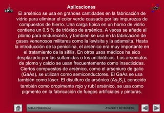 Aplicaciones
  El arsénico se usa en grandes cantidades en la fabricación de
 vidrio para eliminar el color verde causado por las impurezas de
   compuestos de hierro. Una carga típica en un horno de vidrio
  contiene un 0,5 % de trióxido de arsénico. A veces se añade al
  plomo para endurecerlo, y también se usa en la fabricación de
 gases venenosos militares como la lewisita y la adamsita. Hasta
la introducción de la penicilina, el arsénico era muy importante en
      el tratamiento de la sífilis. En otros usos médicos ha sido
 desplazado por las sulfamidas o los antibióticos. Los arseniatos
   de plomo y calcio se usan frecuentemente como insecticidas.
    Ciertos compuestos de arsénico, como el arseniuro de galio
     (GaAs), se utilizan como semiconductores. El GaAs se usa
  también como láser. El disulfuro de arsénico (As2S2), conocido
    también como oropimente rojo y rubí arsénico, se usa como
     pigmento en la fabricación de fuegos artificiales y pinturas.


      TABLA PERIODICA                        AVANCE Y RETROCESO
 