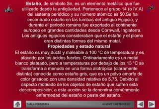 Estaño, de símbolo Sn, es un elemento metálico que fue
    utilizado desde la antigüedad. Pertenece al grupo 14 (o IV A)
        del sistema periódico y su número atómico es 50.Se ha
        encontrado estaño en las tumbas del antiguo Egipcio, y
         durante el periodo romano fue exportado al continente
      europeo en grandes cantidades desde Cornwall, Inglaterra.
    Los antiguos egipcios consideraban que el estaño y el plomo
                 eran distintas formas del mismo metal.
                   Propiedades y estado natural
El estaño es muy dúctil y maleable a 100 °C de temperatura y es
   atacado por los ácidos fuertes. Ordinariamente es un metal
blanco plateado, pero a temperaturas por debajo de los 13 °C se
    transforma a menudo en una forma alotrópica (claramente
 distinta) conocida como estaño gris, que es un polvo amorfo de
   color grisáceo con una densidad relativa de 5,75. Debido al
    aspecto moteado de los objetos de estaño que sufren esta
  descomposición, a esta acción se la denomina comúnmente
             enfermedad del estaño o peste del estaño.
     TABLA PERIODICA                       AVANCE Y RETROCESO
 
