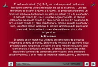 El sulfuro de estaño (IV), SnS2, se produce pasando sulfuro de
   hidrógeno a través de una disolución de sal de estaño (IV). Los dos
  hidróxidos de estaño, Sn(OH)2 y Sn(OH)4, se producen añadiendo un
hidróxido soluble a disoluciones de sales de estaño (II) y de estaño (IV).
    El óxido de estaño (II), SnO, un polvo negro insoluble, se obtiene
 calentando oxalato de estaño (II) en ausencia de aire. En presencia de
aire, el óxido estaño (II) arde para formar el dióxido, u óxido estaño (IV),
 SnO2, un sólido blanco insoluble. El dióxido también puede prepararse
       calentando ácido estánnico o estaño metálico en aire a alta
                                temperatura.
                               Aplicaciones
     El estaño es un metal muy utilizado en centenares de procesos
industriales en todo el mundo. En forma de hojalata, se usa como capa
 protectora para recipientes de cobre, de otros metales utilizados para
   fabricar latas, y artículos similares. El estaño es importante en las
    aleaciones comunes de bronce (estaño y cobre), en la soldadura
(estaño y plomo) y en el metal de imprenta (estaño, plomo y antimonio)


       TABLA PERIODICA                             AVANCE Y RETROCESO
 