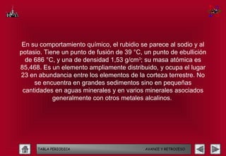 En su comportamiento químico, el rubidio se parece al sodio y al
potasio. Tiene un punto de fusión de 39 °C, un punto de ebullición
  de 686 °C, y una de densidad 1,53 g/cm3; su masa atómica es
85,468. Es un elemento ampliamente distribuido, y ocupa el lugar
23 en abundancia entre los elementos de la corteza terrestre. No
     se encuentra en grandes sedimentos sino en pequeñas
 cantidades en aguas minerales y en varios minerales asociados
            generalmente con otros metales alcalinos.




      TABLA PERIODICA                       AVANCE Y RETROCESO
 