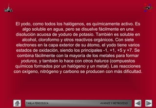 El yodo, como todos los halógenos, es químicamente activo. Es
     algo soluble en agua, pero se disuelve fácilmente en una
 disolución acuosa de yoduro de potasio. También es soluble en
     alcohol, cloroformo y otros reactivos orgánicos. Con siete
 electrones en la capa exterior de su átomo, el yodo tiene varios
 estados de oxidación, siendo los principales -1, +1, +5 y +7. Se
  combina fácilmente con la mayoría de los metales para formar
    yoduros, y también lo hace con otros haluros (compuestos
 químicos formados por un halógeno y un metal). Las reacciones
con oxígeno, nitrógeno y carbono se producen con más dificultad.




      TABLA PERIODICA                      AVANCE Y RETROCESO
 