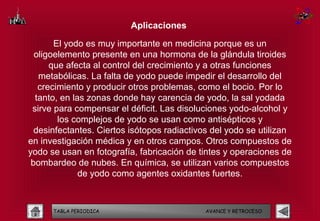 Aplicaciones

       El yodo es muy importante en medicina porque es un
  oligoelemento presente en una hormona de la glándula tiroides
      que afecta al control del crecimiento y a otras funciones
   metabólicas. La falta de yodo puede impedir el desarrollo del
   crecimiento y producir otros problemas, como el bocio. Por lo
  tanto, en las zonas donde hay carencia de yodo, la sal yodada
 sirve para compensar el déficit. Las disoluciones yodo-alcohol y
        los complejos de yodo se usan como antisépticos y
  desinfectantes. Ciertos isótopos radiactivos del yodo se utilizan
en investigación médica y en otros campos. Otros compuestos de
yodo se usan en fotografía, fabricación de tintes y operaciones de
 bombardeo de nubes. En química, se utilizan varios compuestos
              de yodo como agentes oxidantes fuertes.



      TABLA PERIODICA                        AVANCE Y RETROCESO
 