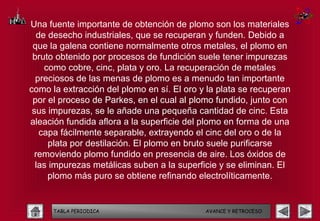 Una fuente importante de obtención de plomo son los materiales
   de desecho industriales, que se recuperan y funden. Debido a
 que la galena contiene normalmente otros metales, el plomo en
 bruto obtenido por procesos de fundición suele tener impurezas
     como cobre, cinc, plata y oro. La recuperación de metales
  preciosos de las menas de plomo es a menudo tan importante
como la extracción del plomo en sí. El oro y la plata se recuperan
 por el proceso de Parkes, en el cual al plomo fundido, junto con
 sus impurezas, se le añade una pequeña cantidad de cinc. Esta
aleación fundida aflora a la superficie del plomo en forma de una
    capa fácilmente separable, extrayendo el cinc del oro o de la
      plata por destilación. El plomo en bruto suele purificarse
  removiendo plomo fundido en presencia de aire. Los óxidos de
  las impurezas metálicas suben a la superficie y se eliminan. El
      plomo más puro se obtiene refinando electrolíticamente.


      TABLA PERIODICA                       AVANCE Y RETROCESO
 