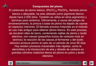 Compuestos del plomo
El carbonato de plomo básico, (PbCO3)2·Pb(OH)2, llamado plomo
   blanco o albayalde, ha sido utilizado como pigmento blanco
 desde hace 2.000 años. También se utiliza en otros pigmentos y
  barnices para cerámica. Últimamente, a causa del peligro de
envenenamiento, la pintura a base de plomo ha dejado de usarse
en espacios interiores. El llamado proceso holandés es el método
en uso más antiguo para obtener plomo blanco. En este proceso,
se recubren ollas de barro, conteniendo rejillas de plomo y ácido
   etanoico, con cascas (pequeños trozos de cortezas ricas en
    taninos); la reacción de las cascas al fermentar y del ácido
 etanoico produce plomo al cabo de un periodo de unos 90 días.
      Hoy existen procesos industriales más rápidos, como la
   electrólisis o la introducción de aire y dióxido de carbono en
   grandes cilindros rotatorios llenos de plomo en polvo y ácido
                               etanoico.

      TABLA PERIODICA                      AVANCE Y RETROCESO
 