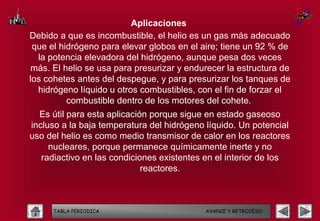 Aplicaciones
Debido a que es incombustible, el helio es un gas más adecuado
 que el hidrógeno para elevar globos en el aire; tiene un 92 % de
  la potencia elevadora del hidrógeno, aunque pesa dos veces
 más. El helio se usa para presurizar y endurecer la estructura de
los cohetes antes del despegue, y para presurizar los tanques de
  hidrógeno líquido u otros combustibles, con el fin de forzar el
          combustible dentro de los motores del cohete.
  Es útil para esta aplicación porque sigue en estado gaseoso
incluso a la baja temperatura del hidrógeno líquido. Un potencial
uso del helio es como medio transmisor de calor en los reactores
     nucleares, porque permanece químicamente inerte y no
   radiactivo en las condiciones existentes en el interior de los
                             reactores.



      TABLA PERIODICA                       AVANCE Y RETROCESO
 