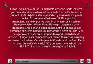 Argón, de símbolo Ar, es un elemento gaseoso inerte, el tercer
  gas más abundanteen la atmósfera de la Tierra. Pertenece al
 grupo 18 (o VIIIA) del sistema periódico y es uno de los gases
            nobles. Su número atómico es 18. El argón fue
   descubierto en 1894 por los científicos británicos sir William
     Ramsay y John William Strutt Rayleigh. Llegaron a este
    descubrimiento por una discrepancia entre la densidad del
 nitrógeno supuestamente puro, preparado a partir del aire, y el
    nitrógeno realmente puro, preparado a partir del nitrato de
amonio. El argón está compuesto por moléculas monoatómicas y
es incoloro e inodoro. Constituye el 0,93% de la atmósfera. Tiene
   un punto de fusión de -189,3 °C y un punto de ebullición de
         -185,86 °C. La masa atómica del argón es 39,948.




     TABLA PERIODICA                       AVANCE Y RETROCESO
 