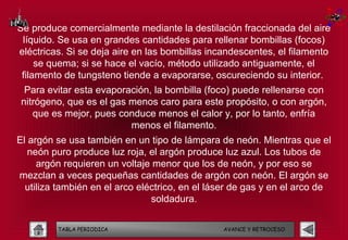 Se produce comercialmente mediante la destilación fraccionada del aire
 líquido. Se usa en grandes cantidades para rellenar bombillas (focos)
eléctricas. Si se deja aire en las bombillas incandescentes, el filamento
     se quema; si se hace el vacío, método utilizado antiguamente, el
 filamento de tungsteno tiende a evaporarse, oscureciendo su interior.
  Para evitar esta evaporación, la bombilla (foco) puede rellenarse con
 nitrógeno, que es el gas menos caro para este propósito, o con argón,
    que es mejor, pues conduce menos el calor y, por lo tanto, enfría
                          menos el filamento.
El argón se usa también en un tipo de lámpara de neón. Mientras que el
   neón puro produce luz roja, el argón produce luz azul. Los tubos de
     argón requieren un voltaje menor que los de neón, y por eso se
mezclan a veces pequeñas cantidades de argón con neón. El argón se
  utiliza también en el arco eléctrico, en el láser de gas y en el arco de
                                soldadura.

         TABLA PERIODICA                        AVANCE Y RETROCESO
 