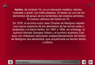 Iterbio, de símbolo Yb, es un elemento metálico, blando,
 maleable y dúctil, con brillo plateado. El iterbio es uno de los
 elementos del grupo de los lantánidos del sistema periódico.
              El número atómico del iterbio es 70.
  En 1878, el químico suizo Jean Charles de Marignac separó
  una nueva sustancia de los elementos de las tierras raras o
 lantánidos y la llamó iterbio. En 1907 y 1908, sin embargo, el
  químico francés Georges Urbain y el químico austriaco Carl
Auer von Welsbach obtuvieron independientemente del iterbio
de Marignac dos elementos, que actualmente se llaman iterbio
                            y lutecio.




   TABLA PERIODICA                          AVANCE Y RETROCESO
 