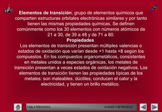 Elementos de transición, grupo de elementos químicos que
comparten estructuras orbitales electrónicas similares y por tanto
       tienen las mismas propiedades químicas. Se definen
  comúnmente como los 30 elementos con números atómicos de
                 21 a 30, de 39 a 48 y de 71 a 80.
                            Propiedades
    Los elementos de transición presentan múltiples valencias o
   estados de oxidación que varían desde +1 hasta +8 según los
  compuestos. En los compuestos organometálicos, consistentes
      en metales unidos a especies orgánicas, los metales de
transición presentan a veces estados de oxidación negativos. Los
   elementos de transición tienen las propiedades típicas de los
      metales: son maleables, dúctiles, conducen el calor y la
              electricidad, y tienen un brillo metálico.



      TABLA PERIODICA                       AVANCE Y RETROCESO
 