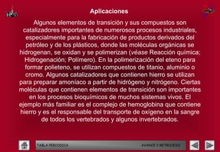 Aplicaciones
      Algunos elementos de transición y sus compuestos son
 catalizadores importantes de numerosos procesos industriales,
  especialmente para la fabricación de productos derivados del
   petróleo y de los plásticos, donde las moléculas orgánicas se
hidrogenan, se oxidan y se polimerizan (véase Reacción química;
  Hidrogenación; Polímero). En la polimerización del eteno para
  formar polieteno, se utilizan compuestos de titanio, aluminio o
  cromo. Algunos catalizadores que contienen hierro se utilizan
para preparar amoníaco a partir de hidrógeno y nitrógeno. Ciertas
moléculas que contienen elementos de transición son importantes
    en los procesos bioquímicos de muchos sistemas vivos. El
ejemplo más familiar es el complejo de hemoglobina que contiene
hierro y es el responsable del transporte de oxígeno en la sangre
         de todos los vertebrados y algunos invertebrados.



      TABLA PERIODICA                      AVANCE Y RETROCESO
 
