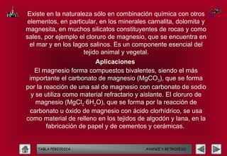 Existe en la naturaleza sólo en combinación química con otros
elementos, en particular, en los minerales carnalita, dolomita y
magnesita, en muchos silicatos constituyentes de rocas y como
sales, por ejemplo el cloruro de magnesio, que se encuentra en
 el mar y en los lagos salinos. Es un componente esencial del
                     tejido animal y vegetal.
                         Aplicaciones
   El magnesio forma compuestos bivalentes, siendo el más
 importante el carbonato de magnesio (MgCO3), que se forma
por la reacción de una sal de magnesio con carbonato de sodio
  y se utiliza como material refractario y aislante. El cloruro de
    magnesio (MgCl2·6H2O), que se forma por la reacción de
 carbonato u óxido de magnesio con ácido clorhídrico, se usa
como material de relleno en los tejidos de algodón y lana, en la
        fabricación de papel y de cementos y cerámicas.


    TABLA PERIODICA                        AVANCE Y RETROCESO
 