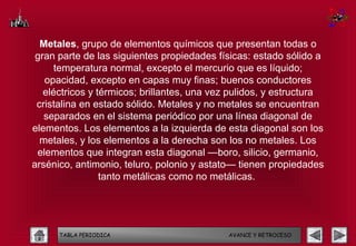 Metales, grupo de elementos químicos que presentan todas o
 gran parte de las siguientes propiedades físicas: estado sólido a
      temperatura normal, excepto el mercurio que es líquido;
   opacidad, excepto en capas muy finas; buenos conductores
   eléctricos y térmicos; brillantes, una vez pulidos, y estructura
 cristalina en estado sólido. Metales y no metales se encuentran
   separados en el sistema periódico por una línea diagonal de
elementos. Los elementos a la izquierda de esta diagonal son los
  metales, y los elementos a la derecha son los no metales. Los
 elementos que integran esta diagonal —boro, silicio, germanio,
arsénico, antimonio, teluro, polonio y astato— tienen propiedades
                 tanto metálicas como no metálicas.




      TABLA PERIODICA                        AVANCE Y RETROCESO
 