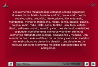 Los elementos metálicos más comunes son los siguientes:
   aluminio, bario, berilio, bismuto, cadmio, calcio, cerio, cromo,
      cobalto, cobre, oro, iridio, hierro, plomo, litio, magnesio,
manganeso, mercurio, molibdeno, níquel, osmio, paladio, platino,
   potasio, radio, rodio, plata, sodio, tantalio, talio, torio, estaño,
titanio, volframio, uranio, vanadio y cinc. Los elementos metálicos
      se pueden combinar unos con otros y también con otros
  elementos formando compuestos, disoluciones y mezclas. Una
 mezcla de dos o más metales o de un metal y ciertos no metales
    como el carbono se denomina aleación. Las aleaciones de
   mercurio con otros elementos metálicos son conocidas como
                              amalgamas.




      TABLA PERIODICA                          AVANCE Y RETROCESO
 