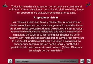 Todos los metales se expanden con el calor y se contraen al
enfriarse. Ciertas aleaciones, como las de platino e iridio, tienen
       un coeficiente de dilatación extremadamente bajo.
                        Propiedades físicas
    Los metales suelen ser duros y resistentes. Aunque existen
 ciertas variaciones de uno a otro, en general los metales tienen
 las siguientes propiedades: dureza o resistencia a ser rayados;
   resistencia longitudinal o resistencia a la rotura; elasticidad o
     capacidad de volver a su forma original después de sufrir
deformación; maleabilidad o posibilidad de cambiar de forma por
    la acción del martillo; resistencia a la fatiga o capacidad de
      soportar una fuerza o presión continuadas y ductilidad o
  posibilidad de deformarse sin sufrir roturas. (Véase Ciencia y
                   tecnología de los materiales). 


      TABLA PERIODICA                         AVANCE Y RETROCESO
 