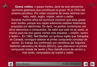   Gases nobles, o gases inertes, serie de seis elementos
   químicos gaseosos que constituyen el grupo 18 (o VIIIA) del
   sistema periódico. Por orden creciente de masa atómica son:
            helio, neón, argón, criptón, xenón y radón.
   Durante muchos años los químicos creyeron que esos gases
  eran inertes, porque sus capas exteriores estaban totalmente
  ocupadas por electrones. Es decir, no podían combinarse con
otros elementos o compuestos. Se sabe que esto no es cierto, al
menos para los tres gases inertes más pesados —criptón, xenón
y radón—. En 1962, Neil Bartlett, un químico inglés que trabajaba
 en Canadá, consiguió obtener el primer compuesto complejo de
   xenón. Su trabajo fue confirmado por científicos del Argonne
 National Laboratory de Illinois (EEUU), que obtuvieron el primer
  compuesto simple de xenón y flúor (tetrafluoruro de xenón) y,
           más tarde, compuestos de criptón y radón.



      TABLA PERIODICA                      AVANCE Y RETROCESO
 