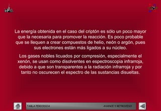 La energía obtenida en el caso del criptón es sólo un poco mayor
 que la necesaria para promover la reacción. Es poco probable
que se llequen a crear compuestos de helio, neón o argón, pues
          sus electrones están más ligados a su núcleo.
  Los gases nobles licuados por compresión, especialmente el
 xenón, se usan como disolventes en espectroscopia infrarroja,
  debido a que son transparentes a la radiación infrarroja y por
   tanto no oscurecen el espectro de las sustancias disueltas.




     TABLA PERIODICA                        AVANCE Y RETROCESO
 