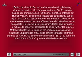 Bario, de símbolo Ba, es un elemento blando,plateado y
      altamente reactivo. Su número atómico es 56. El bariofue
     aislado por primera vez en 1808 por el científico británico sir
     Humphry Davy. El elemento reacciona intensamente con el
    agua, y se corroe rápidamente en aire húmedo. De hecho, el
   elemento es tan reactivo que sólo existe en la naturaleza como
    compuesto. Sus compuestos más importantes son minerales:
    el sulfato de bario y el carbonato de bario (witherita), BaCO3.
   Metal alcalinotérreo, el bario es el 14º elemento más común,
  ocupando una parte de 2.000 de la corteza terrestre. Su masa
atómica es 137,34. Su punto de fusión está a 725 °C, su punto de
        ebullición a 1.640 °C, y su densidad relativa es 3,5.




      TABLA PERIODICA|                       AVANCE Y RETROCESO
 