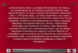 protecciones del motor. Los álabes del compresor, los discos y
    los revestimientos de los motores a reacción también están
 hechos de titanio. Un avión a reacción de transporte utiliza entre
   318 y 1.134 kg del metal, y un avión supersónico, que vuela a
velocidades entre los 2.410 y los 3.220 km/h, utiliza entre 14 y 45
  toneladas. El titanio se usa ampliamente en misiles y cápsulas
     espaciales; las cápsulas Mercurio, Gemini y Apolo fueron
      construidas casi totalmente con titanio. Otras aleaciones
  comunes de titanio son: el ferrocarbono titanio, que se obtiene
     reduciendo la ilmenita con coque en un horno eléctrico; el
 cuprotitanio, que se produce por la reducción de rutilo al que se
ha añadido cobre, y el manganotitanio, que se obtiene reduciendo
       el rutilo al que se ha añadido manganeso u óxidos de
                              manganeso.



     TABLA PERIODICA                        AVANCE Y RETROCESO
 