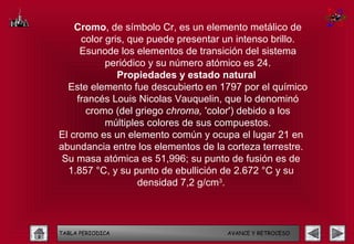 Cromo, de símbolo Cr, es un elemento metálico de
     color gris, que puede presentar un intenso brillo.
     Esunode los elementos de transición del sistema
           periódico y su número atómico es 24.
              Propiedades y estado natural
  Este elemento fue descubierto en 1797 por el químico
    francés Louis Nicolas Vauquelin, que lo denominó
      cromo (del griego chroma, 'color') debido a los
           múltiples colores de sus compuestos.
El cromo es un elemento común y ocupa el lugar 21 en
abundancia entre los elementos de la corteza terrestre.
 Su masa atómica es 51,996; su punto de fusión es de
  1.857 °C, y su punto de ebullición de 2.672 °C y su
                   densidad 7,2 g/cm3.



TABLA PERIODICA                      AVANCE Y RETROCESO
 