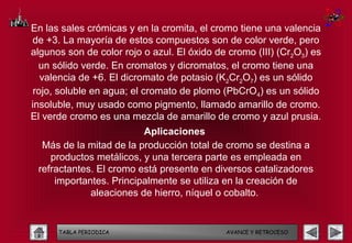 En las sales crómicas y en la cromita, el cromo tiene una valencia
de +3. La mayoría de estos compuestos son de color verde, pero
algunos son de color rojo o azul. El óxido de cromo (III) (Cr2O3) es
  un sólido verde. En cromatos y dicromatos, el cromo tiene una
   valencia de +6. El dicromato de potasio (K2Cr2O7) es un sólido
 rojo, soluble en agua; el cromato de plomo (PbCrO4) es un sólido
insoluble, muy usado como pigmento, llamado amarillo de cromo.
El verde cromo es una mezcla de amarillo de cromo y azul prusia.
                         Aplicaciones
  Más de la mitad de la producción total de cromo se destina a
    productos metálicos, y una tercera parte es empleada en
 refractantes. El cromo está presente en diversos catalizadores
     importantes. Principalmente se utiliza en la creación de
             aleaciones de hierro, níquel o cobalto.


      TABLA PERIODICA                        AVANCE Y RETROCESO
 