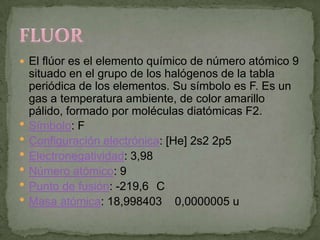  El flúor es el elemento químico de número atómico 9
    situado en el grupo de los halógenos de la tabla
    periódica de los elementos. Su símbolo es F. Es un
    gas a temperatura ambiente, de color amarillo
    pálido, formado por moléculas diatómicas F2.
   Símbolo: F
   Configuración electrónica: [He] 2s2 2p5
   Electronegatividad: 3,98
   Número atómico: 9
   Punto de fusión: -219,6 C
   Masa atómica: 18,998403 0,0000005 u
 