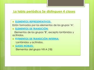 La tabla periódica Se distinguen 4 clases


  ELEMENTOS REPRESENTATIVOS:
Están formados por los elementos de los grupos "A".
 ELEMENTOS DE TRANSICIÓN:
  Elementos de los grupos "B", excepto lantánidos y
actínidos.
 ELEMENTOS DE TRANSICIÓN INTERNA:
   Lantánidos y actínidos.
 GASES NOBLES:
   Elementos del grupo VIII A (18)
 