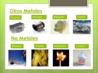 Otros Metales
PLOMO    ESTAÑO    BISMUTO   GALIO




No Metales
BROMO     AZUFRE   FOSFORO   CLORO
 