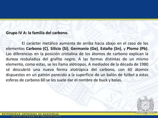 Grupo IV A: la familia del carbono.
El carácter metálico aumenta de arriba hacia abajo en el caso de los
elementos Carbono (C), Silicio (Si), Germanio (Ge), Estaño (Sn), y Plomo (Pb).
Las diferencias en la posición cristalina de los átomos de carbono explican la
dureza resbaladiza del grafito negro. A las formas distintas de un mismo
elemento, como estas, se les llama alótropos. A mediados de la década de 1980
sé descubrió una nueva forma alotrópica del carbono, con 60 átomos
dispuestos en un patrón parecido a la superficie de un balón de fútbol a estas
esferas de carbono 60 se les suele dar el nombre de buck y bolas.
 