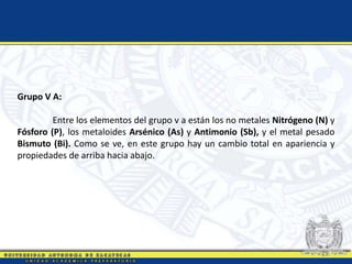 Grupo V A:
Entre los elementos del grupo v a están los no metales Nitrógeno (N) y
Fósforo (P), los metaloides Arsénico (As) y Antimonio (Sb), y el metal pesado
Bismuto (Bi). Como se ve, en este grupo hay un cambio total en apariencia y
propiedades de arriba hacia abajo.
 