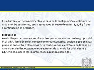 Esta distribución de los elementos se basa en la configuración electrónica de
cada uno. De esta forma, están agrupados en cuatro bloques: s, p, d y f, que
a continuación se describen.
Bloques s-p
A este bloque pertenecen los elementos que se encuentran en los grupos del
IA al VIIIA. También se les conoce como representativo, debido a que en cada
grupo se encuentran elementos cuya configuración electrónica en la capa de
valencia es similar, ocupando los electrones de valencia los orbitales ns y
np, teniendo, por lo tanto, propiedades químicas parecidas.
 