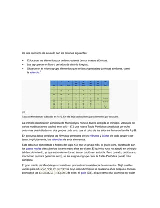 los dos químicos de acuerdo con los criterios siguientes:
Colocaron los elementos por orden creciente de sus masas atómicas.
Los agruparon en filas o periodos de distinta longitud.
Situaron en el mismo grupo elementos que tenían propiedades químicas similares, como
la valencia.
7
Tabla de Mendeléyev publicada en 1872. En ella deja casillas libres para elementos por descubrir.
La primera clasificación periódica de Mendeléyev no tuvo buena acogida al principio. Después de
varias modificaciones publicó en el año 1872 una nueva Tabla Periódica constituida por ocho
columnas desdobladas en dos grupos cada una, que al cabo de los años se llamaron familia A y B.
En su nueva tabla consigna las fórmulas generales de los hidruros y óxidos de cada grupo y por
tanto, implícitamente, las valencias de esos elementos.
Esta tabla fue completada a finales del siglo XIX con un grupo más, el grupo cero, constituido por
los gases nobles descubiertos durante esos años en el aire. El químico ruso no aceptó en principio
tal descubrimiento, ya que esos elementos no tenían cabida en su tabla. Pero cuando, debido a su
inactividad química (valencia cero), se les asignó el grupo cero, la Tabla Periódica quedó más
completa.
El gran mérito de Mendeléyev consistió en pronosticar la existencia de elementos. Dejó casillas
vacías para situar en ellas los elementos cuyo descubrimiento se realizaría años después. Incluso
pronosticó las propiedades de algunos de ellos: el galio (Ga), al que llamó eka–aluminio por estarGrupos
 